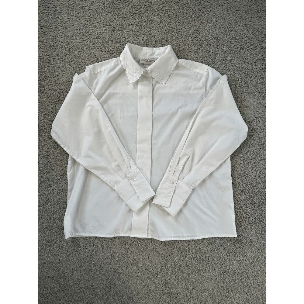 Vintage Pendleton Petite Cotton Blend White Button Down Dress Shirt Size 14